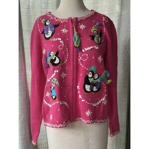 Ugly Christmas Sweater Penguin Holiday Pink Women’s Medium Full Zip Tiara Intn’l